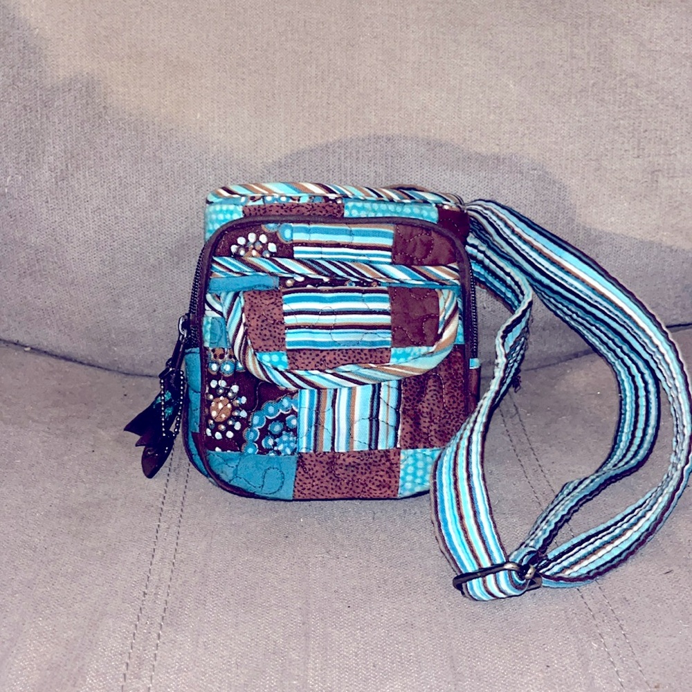 Donna Sharp Quilted Purse Crossbody Bag Teal Blue Brown Patchwork